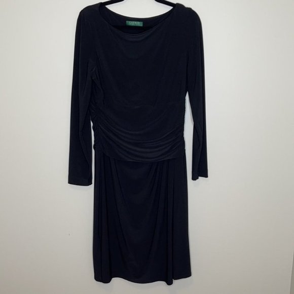Lauren Ralph Lauren Ruched Midi Dress Black Long Sleeves Calf Length Size 10 - Picture 7 of 7